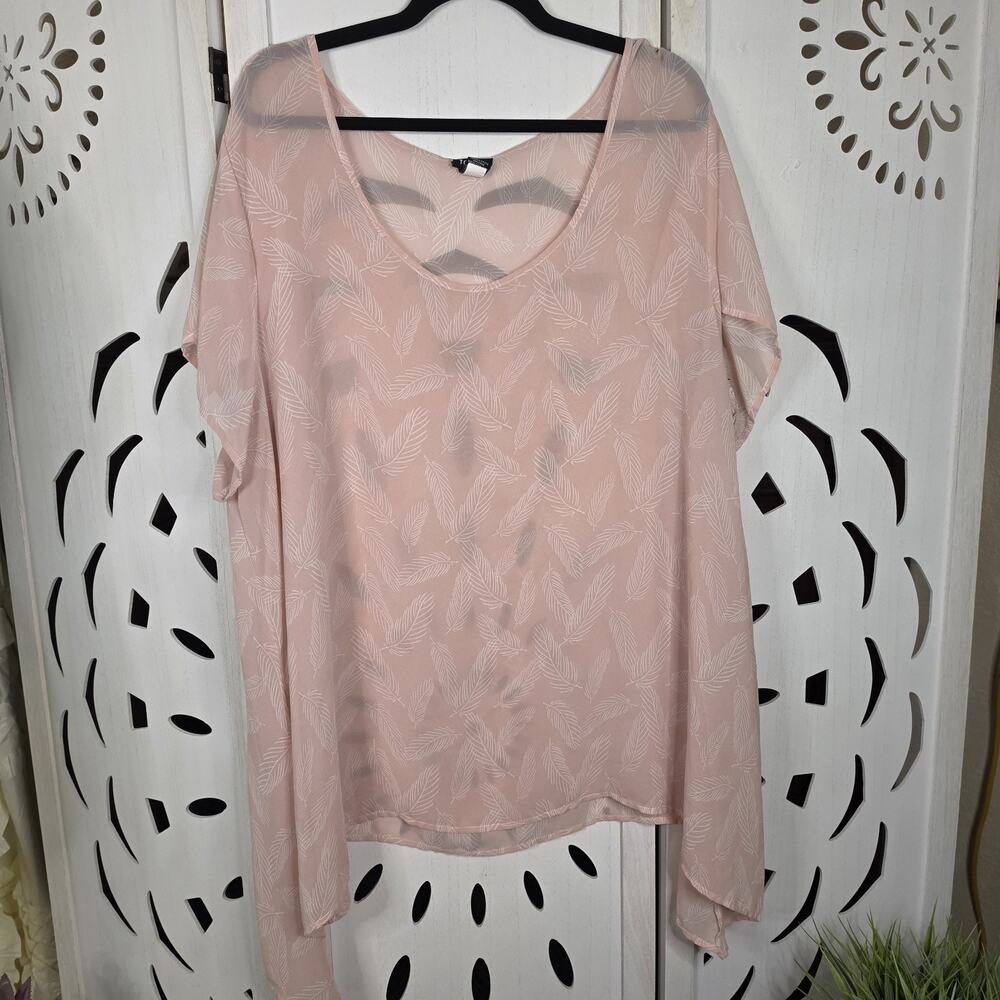 Torrid Shark Bite Fairy Top Sheer Pink with Feather Design Short Sleeve Size 4